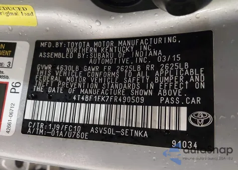 2015 Toyota Camry Le from USA, damaged, VIN 4T4BF1FK7FR490509